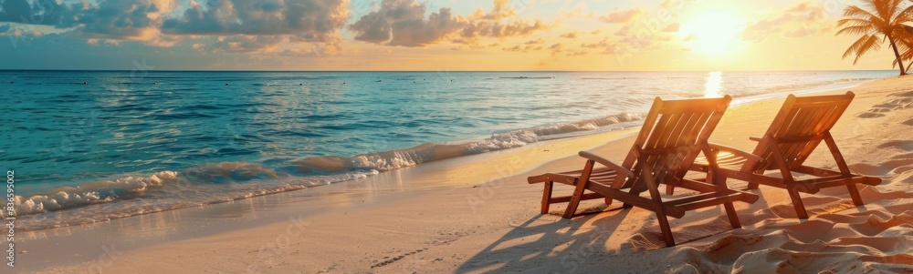 Chairs on the beach facing the ocean at sunset, travel background