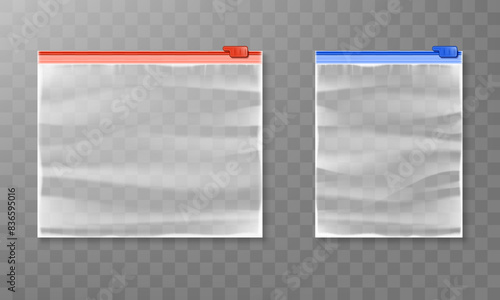 Realistic vector plastic zipper bag mockup isolated on transparent background. Transparent packaging zipper bag.