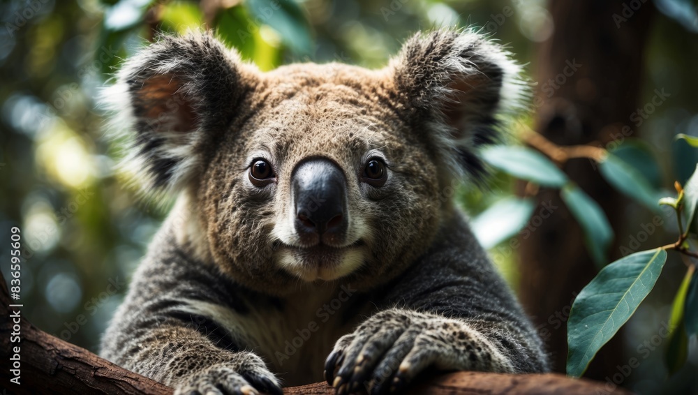Koala atop a tree, head rested on branch. Koala atop a tree, head rested on branch.