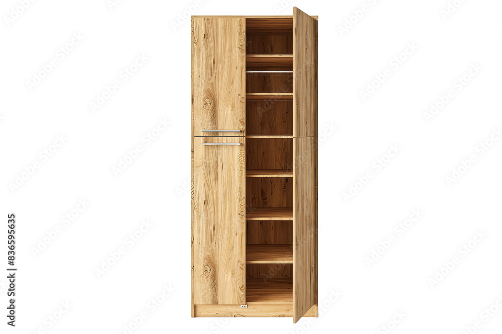 A tall, narrow pantry cabinet with adjustable shelves and a smooth wood finish, isolated on white background, providing ample storage for kitchen essentials A tall, narrow pantry cabinet with adjustable shelves and a smooth wood finish, isolated on white background, providing ample storage for kitchen essentials