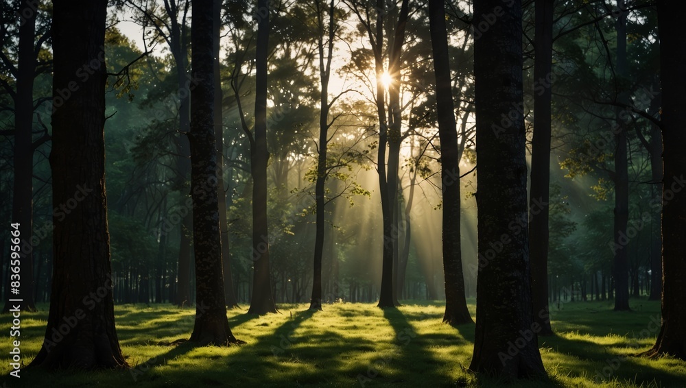 Sunlight filters through green-grassed trees, casting light on tall, slender trunks.