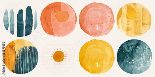 Wallpaper Mural Abstract Shapes in Orange Blush, Yellow, Dusty Pink, and Light Dusty Teal with Bold Strokes, Soft Washes, and Naive Charm Feminine Sticker Art Phoenician Influence and Simple Sun and Flower Doodles Torontodigital.ca