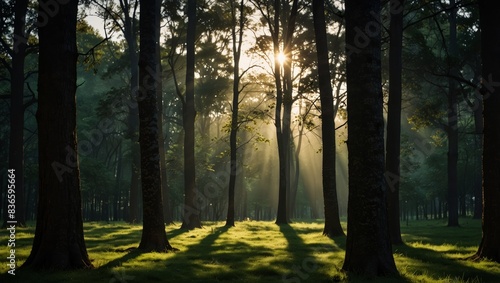 Sunlight filters through green-grassed trees  casting light on tall  slender trunks.