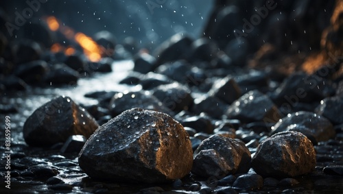 A cluster of boulders resting beside each other on a dark background, dotted with water droplets.