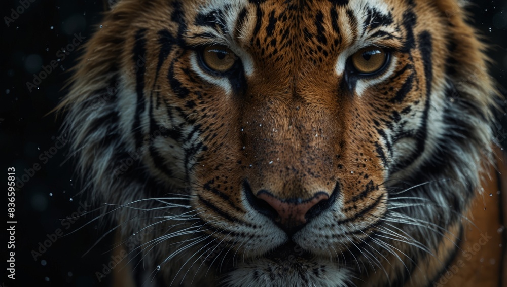 Close-up tiger face on black background with water droplets on fur. Close-up tiger face on black background with water droplets on fur.