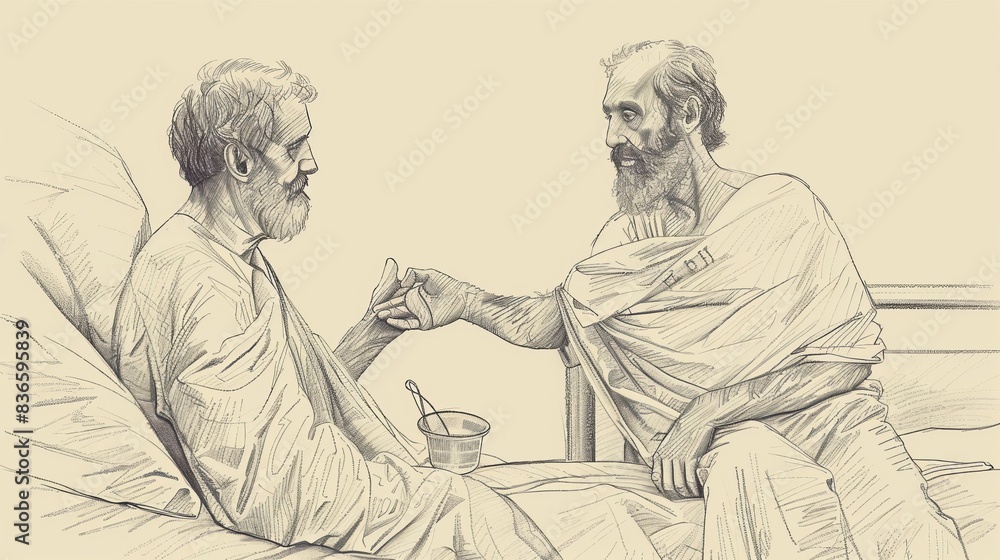 Biblical Illustration of Saint Zephyrinus caring for the poor and sick, reflecting his charitable work. Serene hospital or hospice setting, compassion and holiness. Beige Background, copyspace. Biblical Illustration of Saint Zephyrinus caring for the poor and sick, reflecting his charitable work. Serene hospital or hospice setting, compassion and holiness. Beige Background, copyspace.