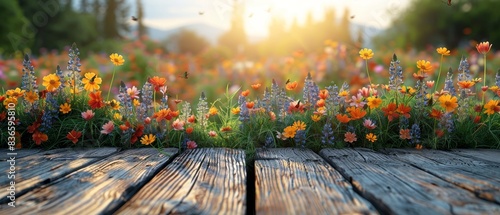 Fototapeta Naklejka Na Ścianę i Meble -  Beautiful wildflower garden in full bloom with sunlight shining, captured from a rustic wooden deck perspective. Perfect nature scene for backgrounds.