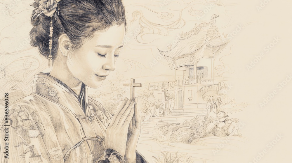 Biblical Illustration of Saint Agatha Lin in deep prayer, holding a