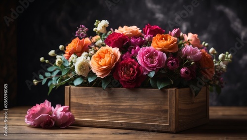 A box brimming with vibrant blooms sits atop a wooden table, surrounded by a monochrome wall. © DEER FLUFFY