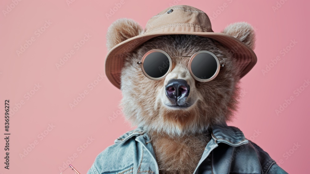 Fototapeta premium Cool bear wearing sunglasses, denim jacket, and hat against a pink background. Stylish and fun animal portrait.