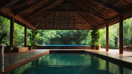 Under a wooden roof sits a lush green forest with a swimming pool nestled in the middle. © DEER FLUFFY