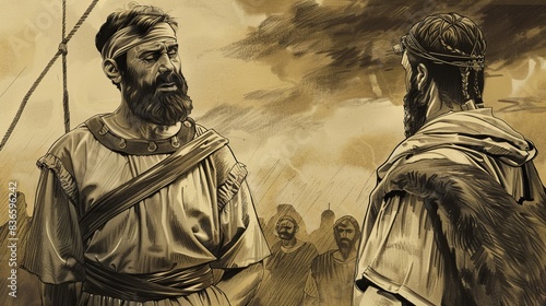 Saint Edmund the Martyr Facing Viking Captors, Calm and Fearless Expression, Biblical Illustration, Beige Background, Copyspace