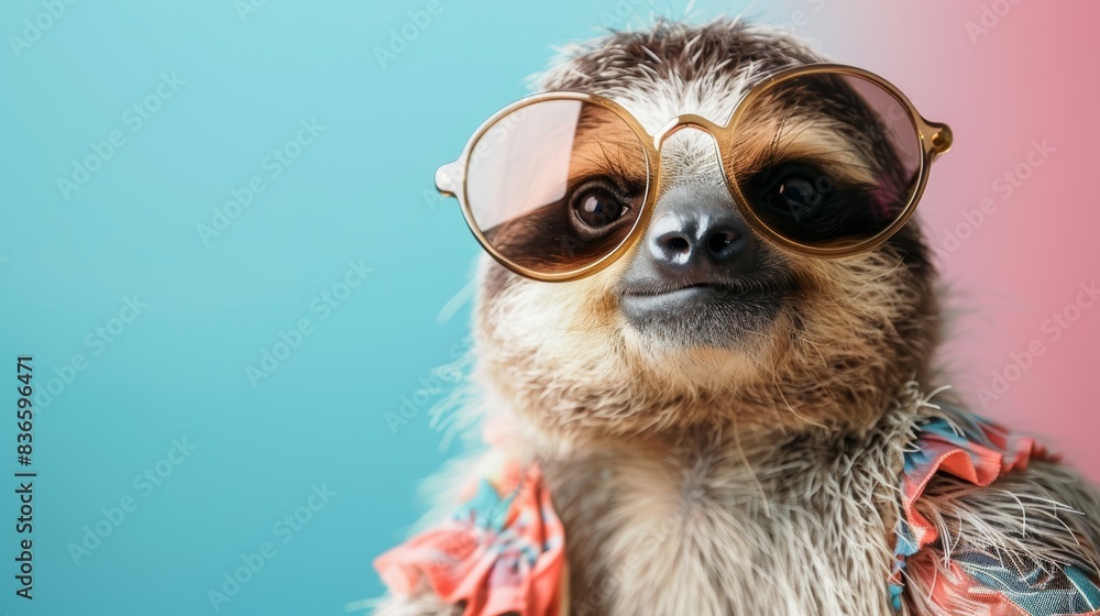 Cool sloth wearing sunglasses and Hawaiian shirt against colorful background, showcasing a relaxed and fun vibe. Perfect for playful themes. Cool sloth wearing sunglasses and Hawaiian shirt against colorful background, showcasing a relaxed and fun vibe. Perfect for playful themes.