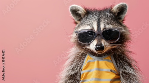 Cool raccoon wearing sunglasses and a striped shirt against a pink background, showcasing a fun and quirky personality.