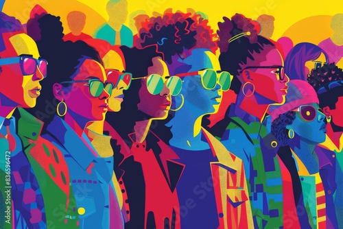 Vector style artwork of a group of non-binary individuals at a Pride march, advocating for visibility and acceptance with minimalistic design elements and a bright color palette