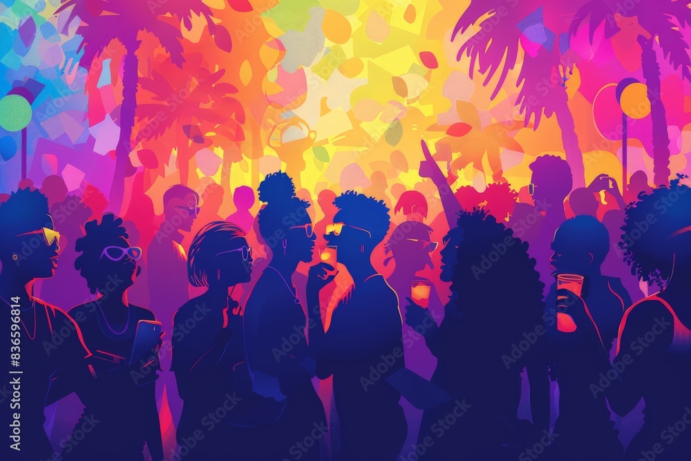 Minimalist vector illustration of a Pride festival with diverse LGBTQ+ community members enjoying drag performances and queer art exhibitions, using simple shapes and vibrant colors to celebrate Minimalist vector illustration of a Pride festival with diverse LGBTQ+ community members enjoying drag performances and queer art exhibitions, using simple shapes and vibrant colors to celebrate