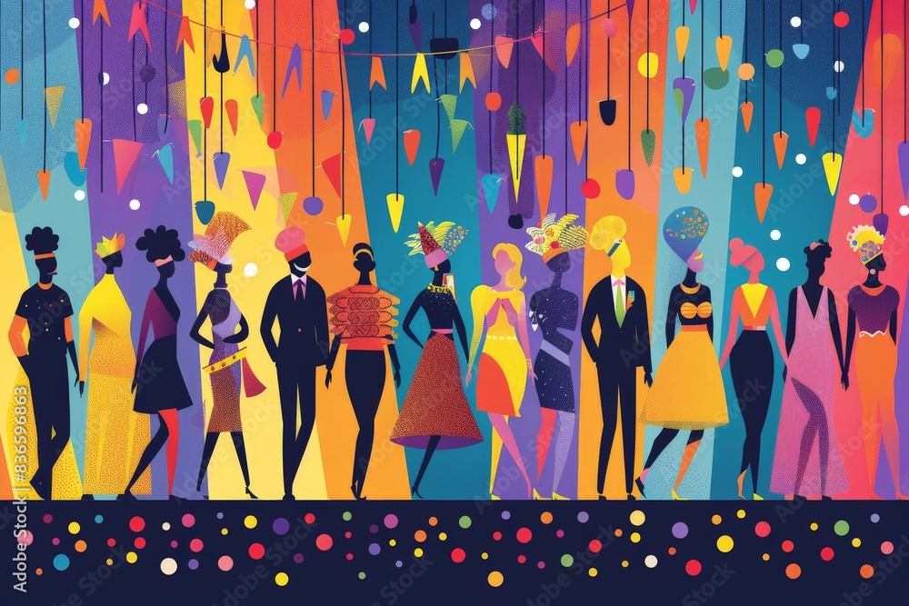 Minimalist vector illustration of a Pride festival with diverse LGBTQ+ community members enjoying drag performances and queer art exhibitions, using simple shapes and vibrant colors to celebrate Minimalist vector illustration of a Pride festival with diverse LGBTQ+ community members enjoying drag performances and queer art exhibitions, using simple shapes and vibrant colors to celebrate