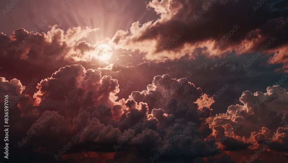 Fototapeta premium A sky full of numerous clouds, with a pink hue centered among them, and the sun positioned at their center.