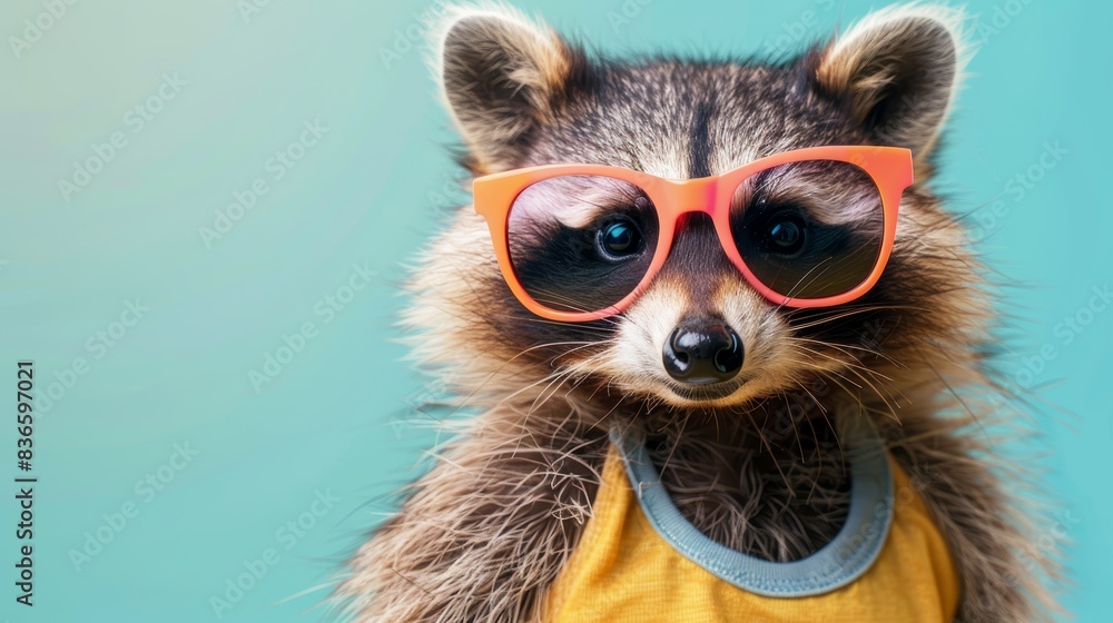 Obraz premium Cute raccoon wearing bright orange glasses and a yellow shirt on a blue background, embodying a quirky and cheerful vibe.