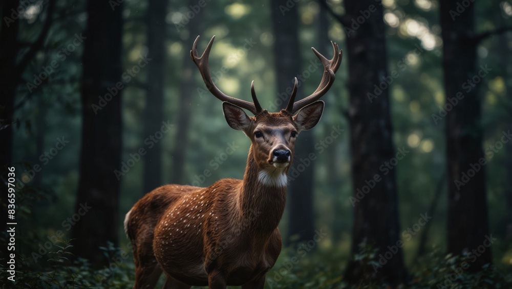 Obraz premium Deer in forest with tall tree background.