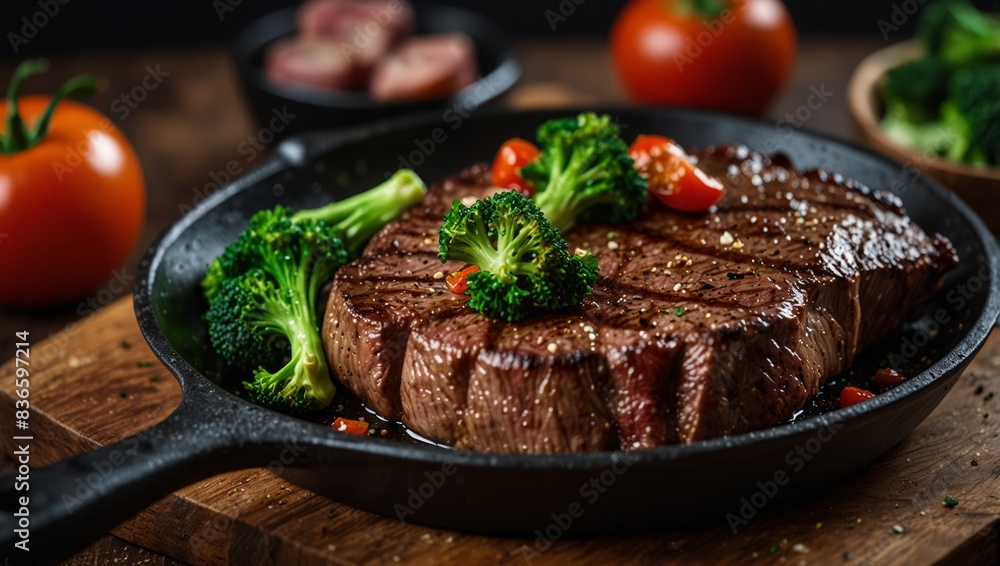 A close-up of a juicy steak sizzling in a frying pan with vibrant tomatoes and tender broccoli artfully arranged on a cutting board adjacent to the succ. A close-up of a juicy steak sizzling in a frying pan with vibrant tomatoes and tender broccoli artfully arranged on a cutting board adjacent to the succ.
