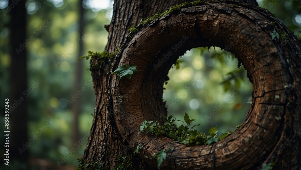 A tree trunk with a hole and surrounding leaves. A tree trunk with a hole and surrounding leaves.