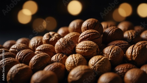 A high-quality photo of a close-up of a group of nuts on a dark background with a clear  focused image of the nuts.