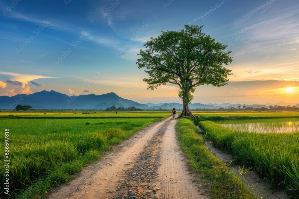 Fototapeta premium Bicycle on a background of a tree and a green field. Colorful landscape isolated. Without a person