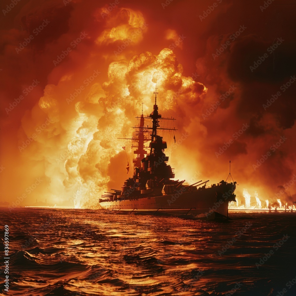clear image of a large warship with large flames in the background. clear image of a large warship with large flames in the background.
