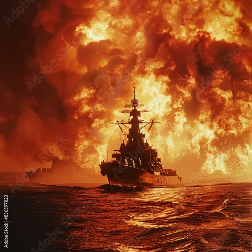 clear image of a large warship with large flames in the background.