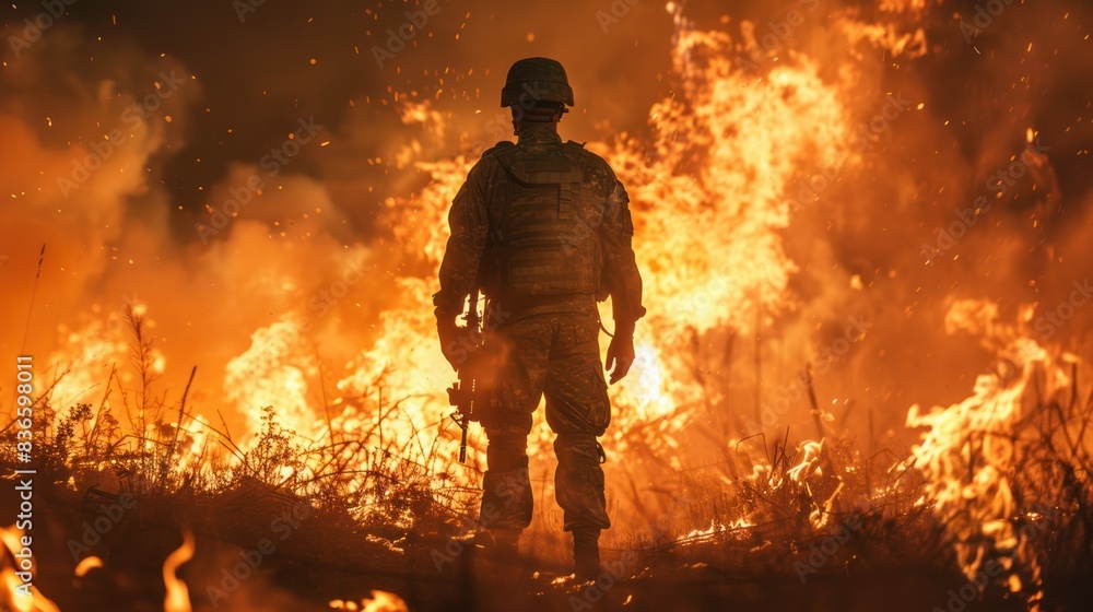 Fototapeta premium clear image of a fighter standing in front of a large fire