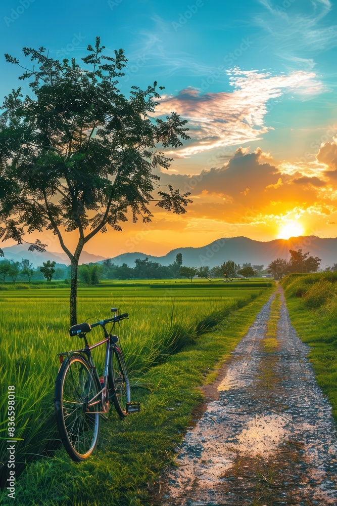 Naklejka premium Bicycle on a background of a tree and a green field. Colorful landscape isolated. Without a person
