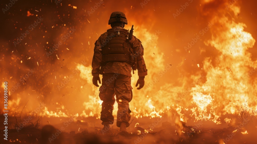 clear image of a fighter standing in front of a large fire clear image of a fighter standing in front of a large fire