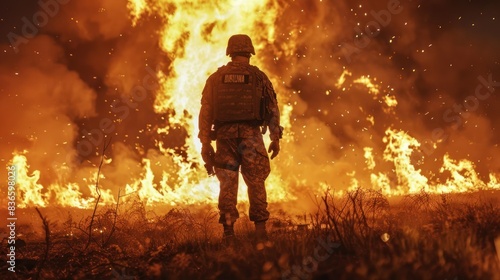 clear image of a fighter standing in front of a large fire