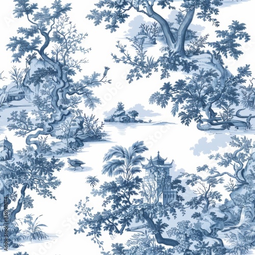 Seamless pattern Toile De Jouy blue photo