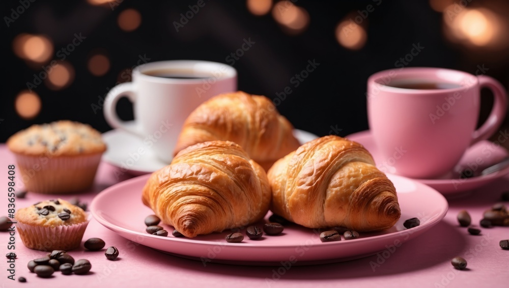 Two croissants on a pink plate with coffee and muffins. Two croissants on a pink plate with coffee and muffins.