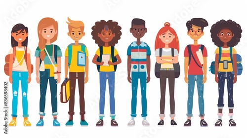 diverse student body logo flat design front view high school theme cartoon drawing Analogous Color Scheme