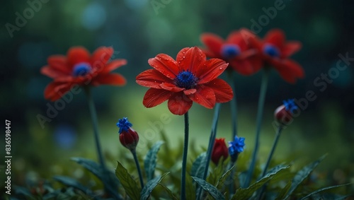 Three red flowers and one blue on a green background  with blue stems in the center and green stems in the middle of the middle.