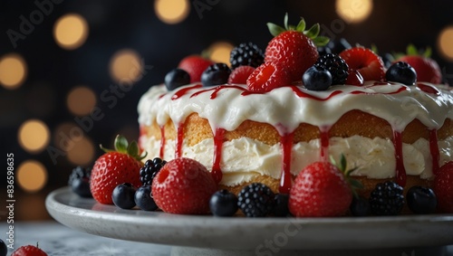 A cake topped with strawberries  raspberries  blackberries  and cream  drizzled with icing.