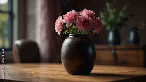 Wallpaper Mural A vase with pink flowers sits atop a wooden table beside another vase holding the same. Torontodigital.ca