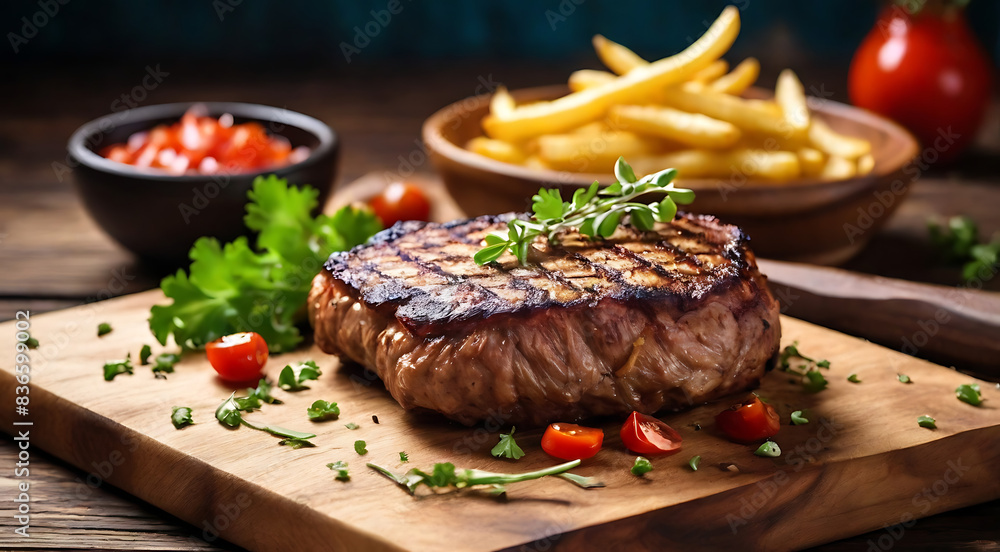 Tasty grilled organic plant based meat with French fries on a wooden table, delicious looking
Tasty grilled organic plant based meat with French fries on a wooden table, delicious looking