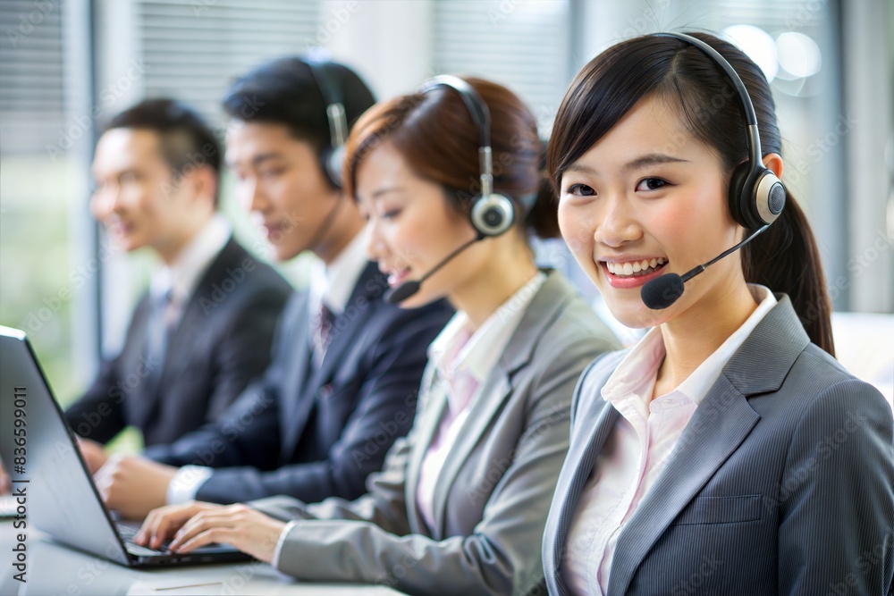 Call center, computer and business with Asian woman in office for technical support and advice. Ai generated Call center, computer and business with Asian woman in office for technical support and advice. Ai generated
