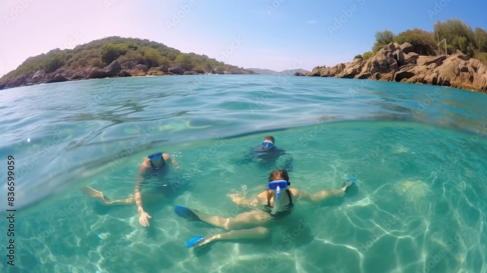 someone who is swimming in clear waters wearing a diving mask. They are near the beach with green trees and bright blue skies. someone who is swimming in clear waters wearing a diving mask. They are near the beach with green trees and bright blue skies.