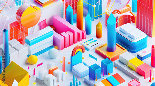 A vibrant and colorful 3D render of graphs, charts, data points, icons and elements for business marketing and social media on a white background