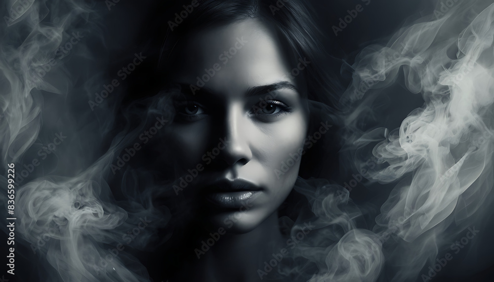 Dark abstract style image, woman's face turning into smoke by sad emotion, depression art, dark background
Dark abstract style image, woman's face turning into smoke by sad emotion, depression art, dark background