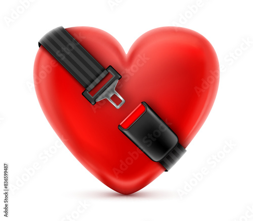 Seat Belt around the red heart. Safety and insurance concept.