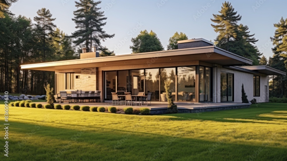 a modern house surrounded by trees. The house has a contemporary architectural design with large windows and a spacious terrace overlooking the garden a modern house surrounded by trees. The house has a contemporary architectural design with large windows and a spacious terrace overlooking the garden