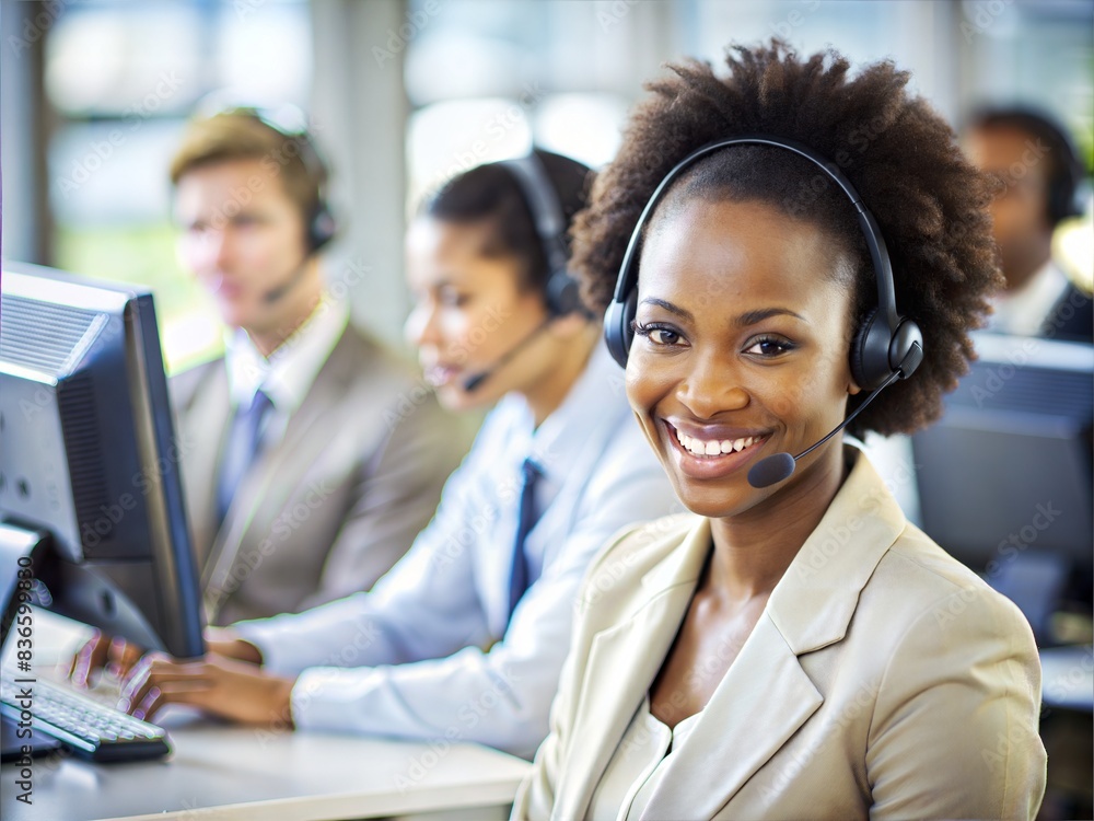 Call center, computer and business with African american woman in office for technical support and advice. Ai generated Call center, computer and business with African american woman in office for technical support and advice. Ai generated
