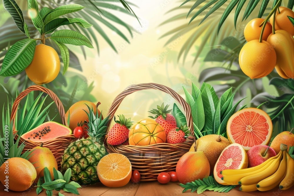Basket of Tropicalruits in a Lush Garden Basket of Tropicalruits in a Lush Garden