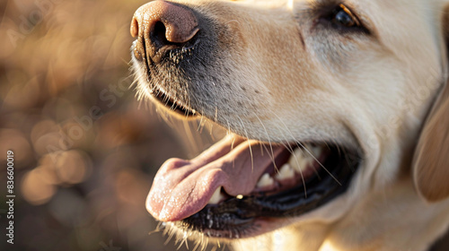 A close-up of a guide dogâs mouth, focusing on its teeth and tongue while panting. photo